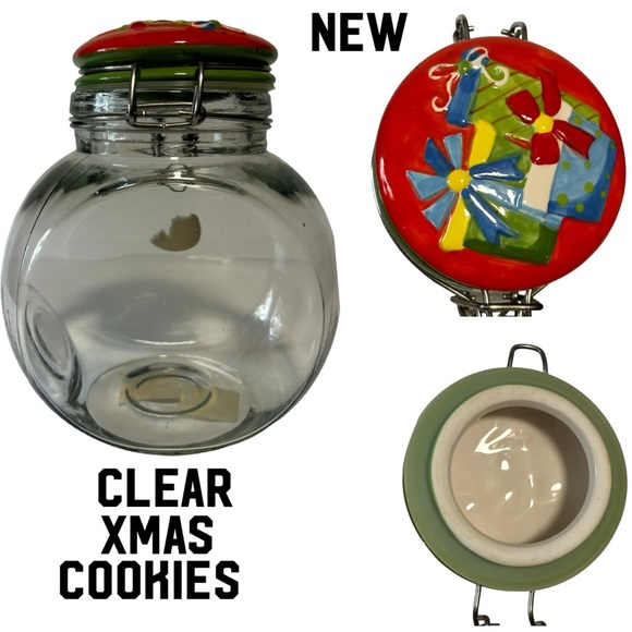 Christmas AMICL Slant Glass Jar Cookie Canister Ceramic Flip Lid Holiday NEW - Picture 2 of 15